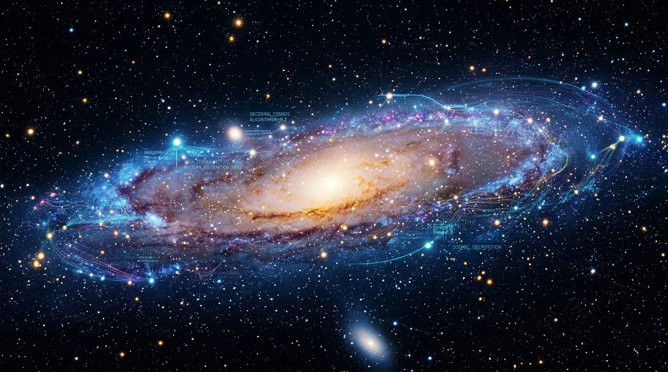 A glowing neural network intertwined with a spiral galaxy