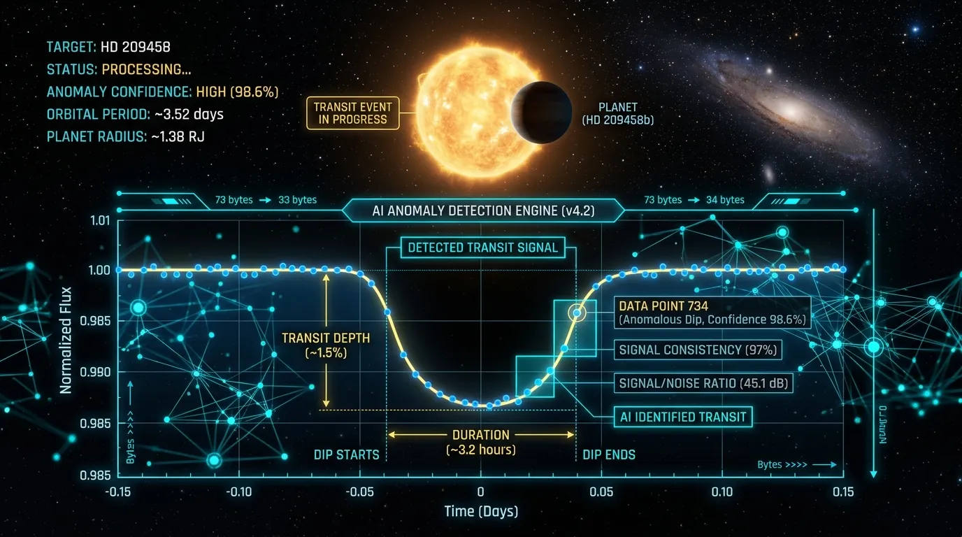 Graphical representation of an exoplanet transit light curve with AI nodes analyzing the data