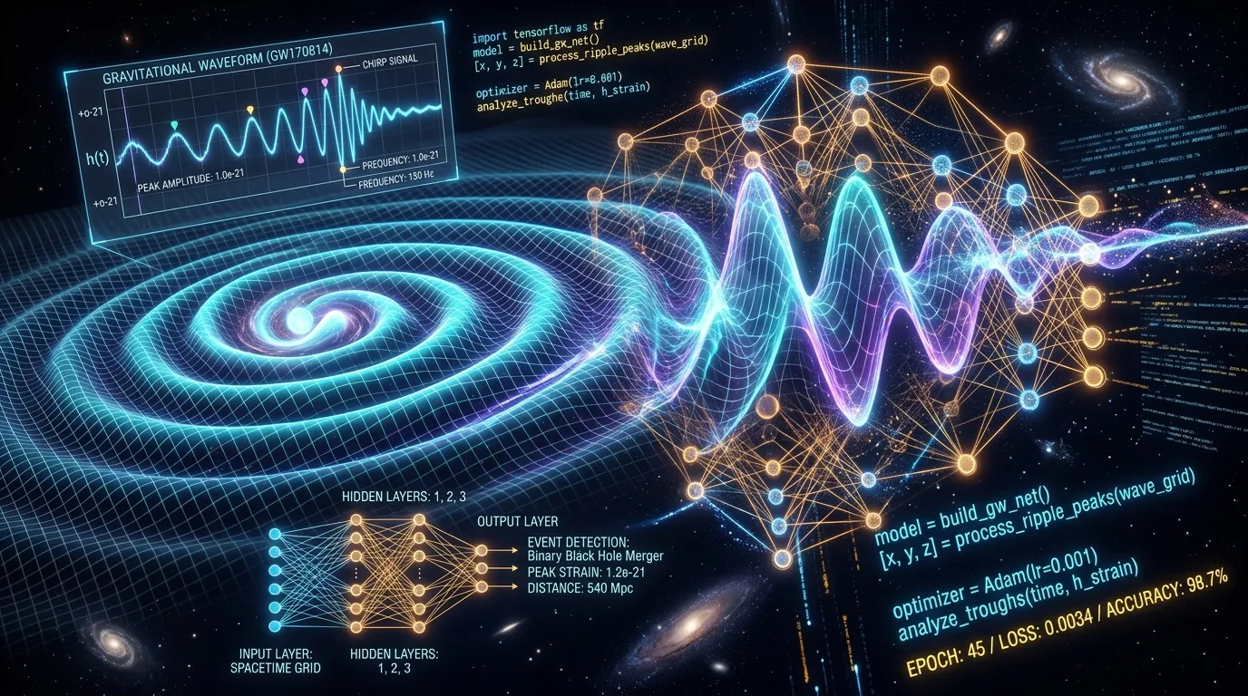 3D visualization of a gravitational wave ripple in spacetime, augmented with glowing neural network layers