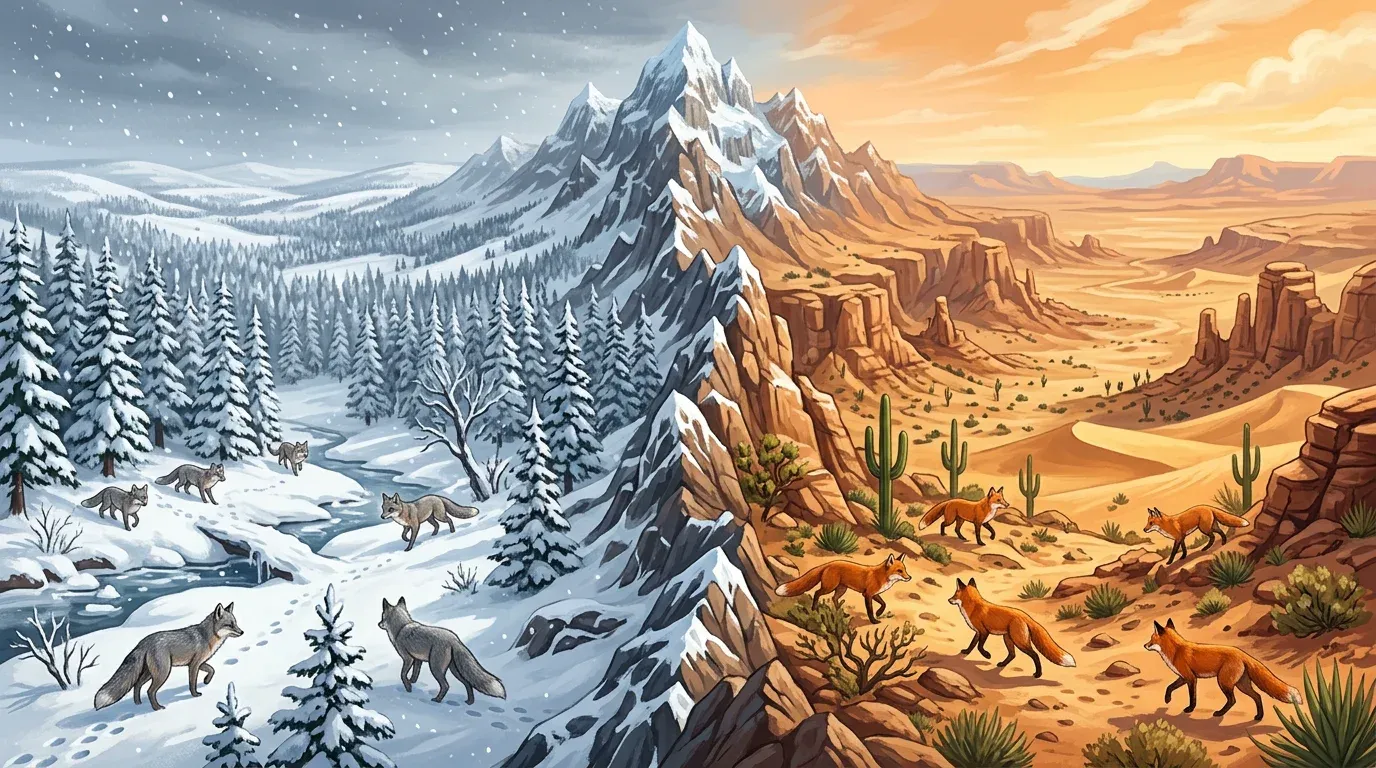 Landscape split by a mountain range with grey foxes on one side and red foxes on the other