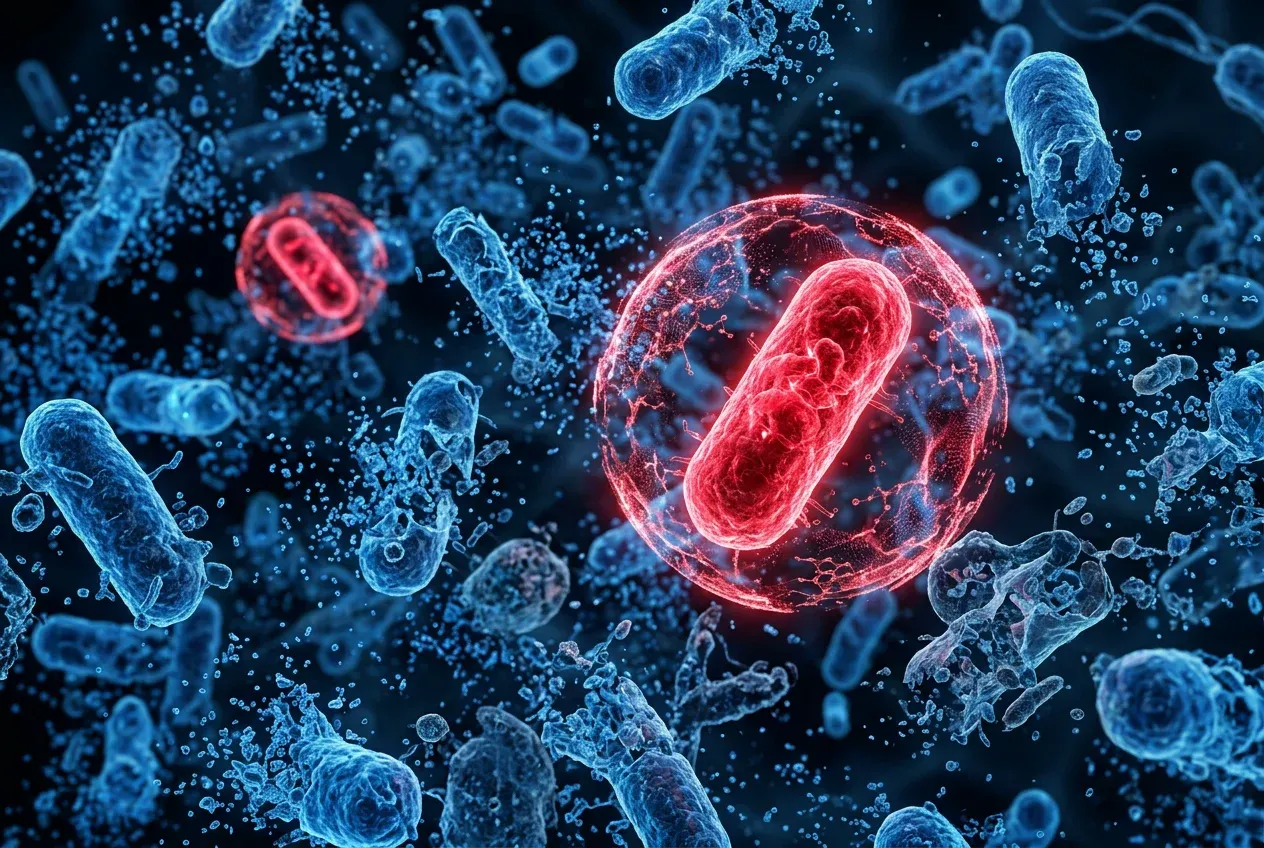 Microscopic view of mostly dying blue bacteria with a few surviving glowing red resistant bacteria