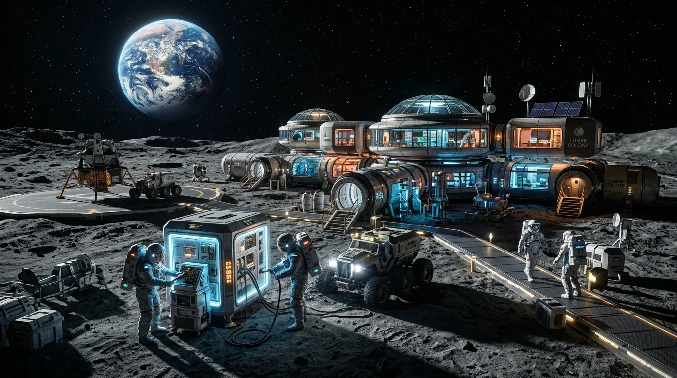 A futuristic lunar base camp on the surface of the Moon, astronauts in modern spacesuits working near glowing modules.