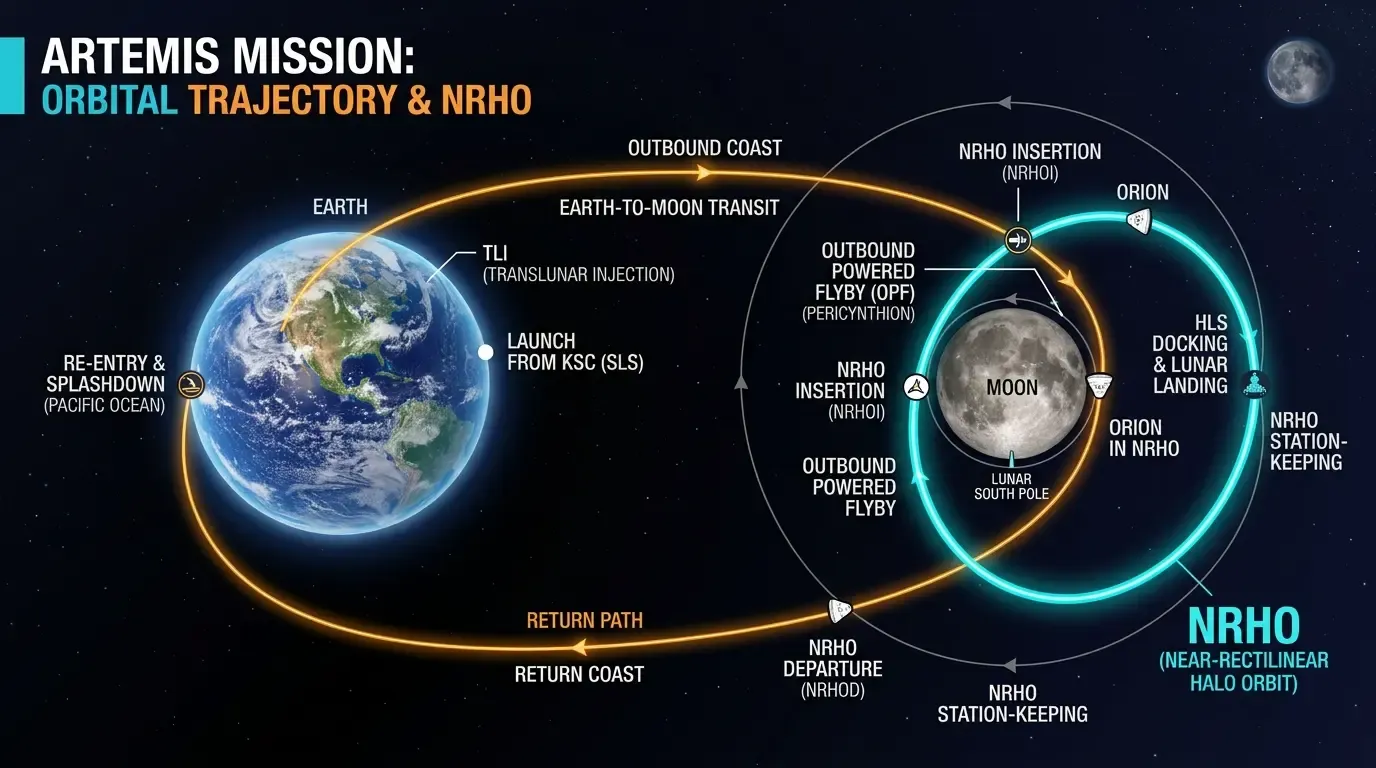 Orbital diagram showing the path of the Orion spacecraft from Earth, to the Moon, and back.