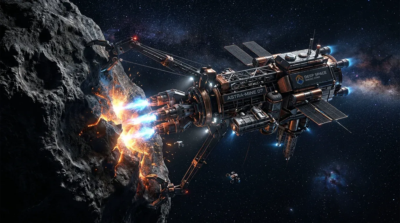 A high-tech robotic mining vessel attached to a massive asteroid in deep space, glowing plasma drills extracting resources.