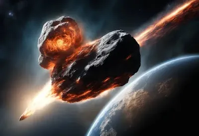 Illustration of a catastrophe class asteroid hitting earth.