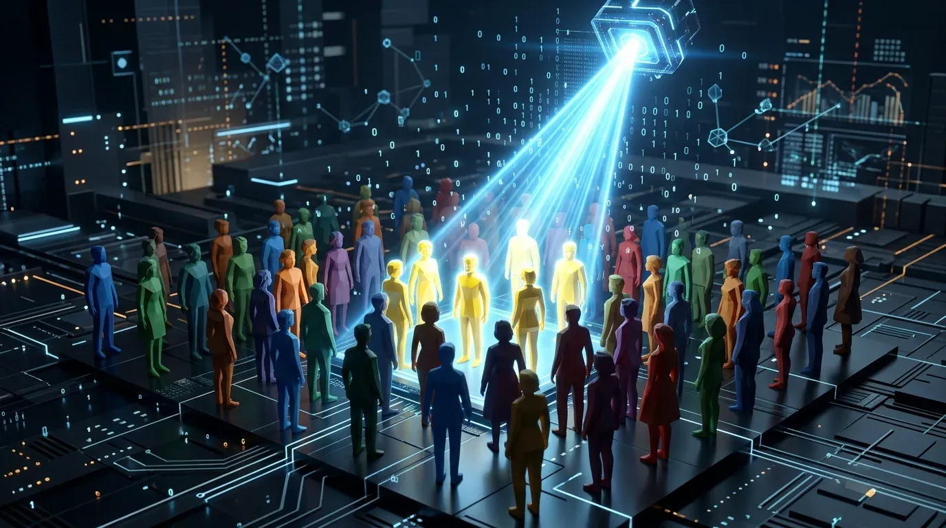 Digital scanner highlighting only certain abstract figures in a diverse crowd.