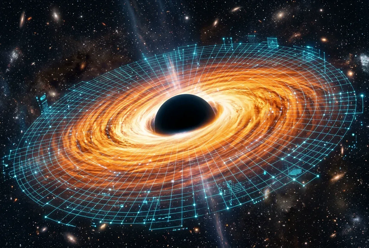A glowing black hole overlaid with digital data grids