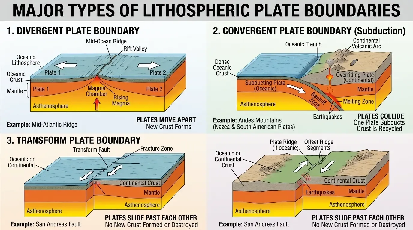 Diagram showing different types of plate boundaries: divergent, convergent, and transform.