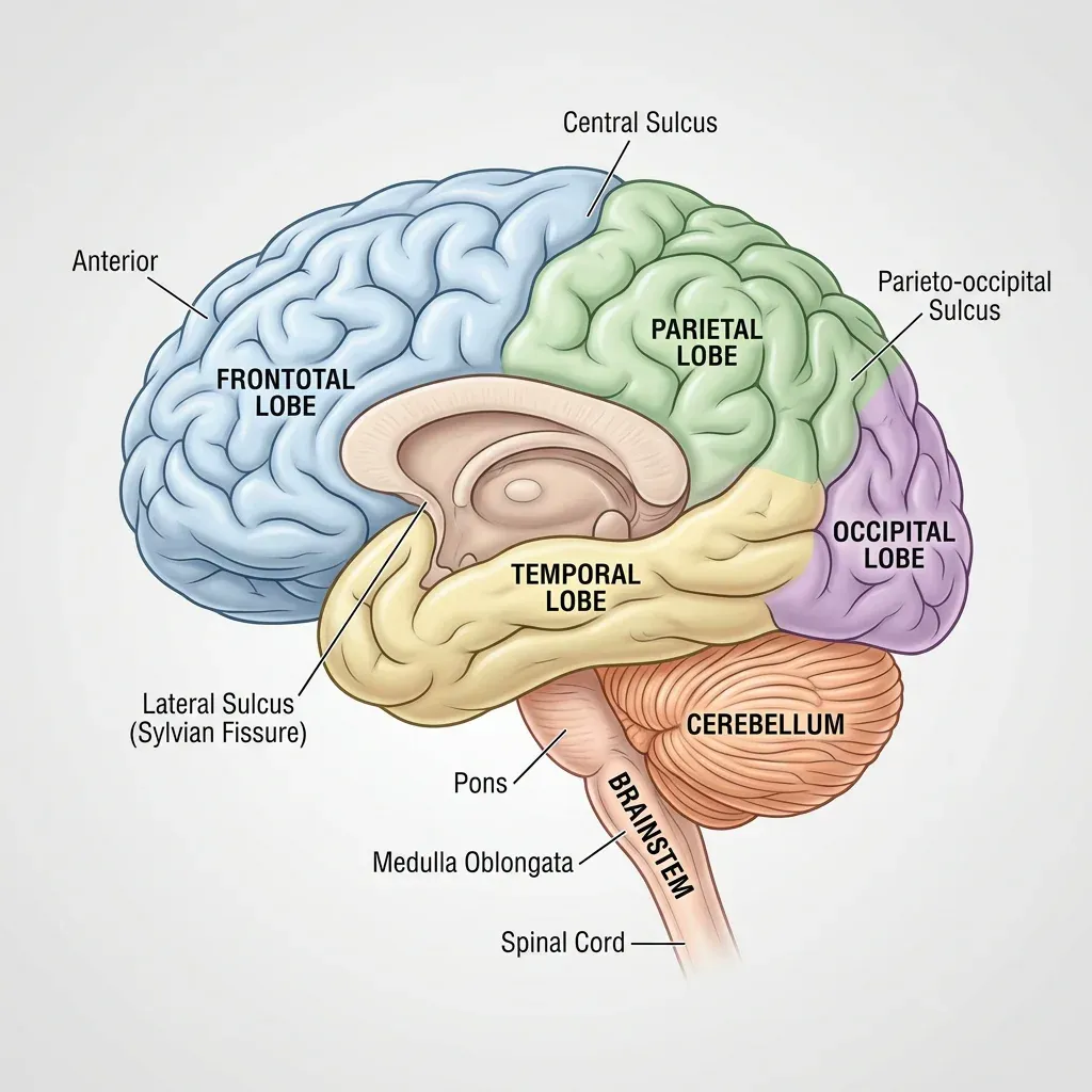 Labelled diagram of the human brain from the side showing major lobes and structures