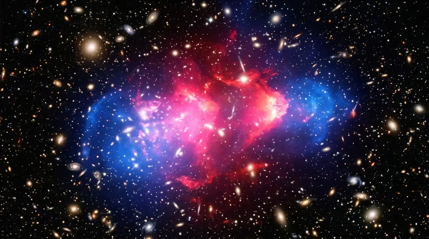 The Bullet Cluster showing separated pink hot gas and blue dark matter overlays.