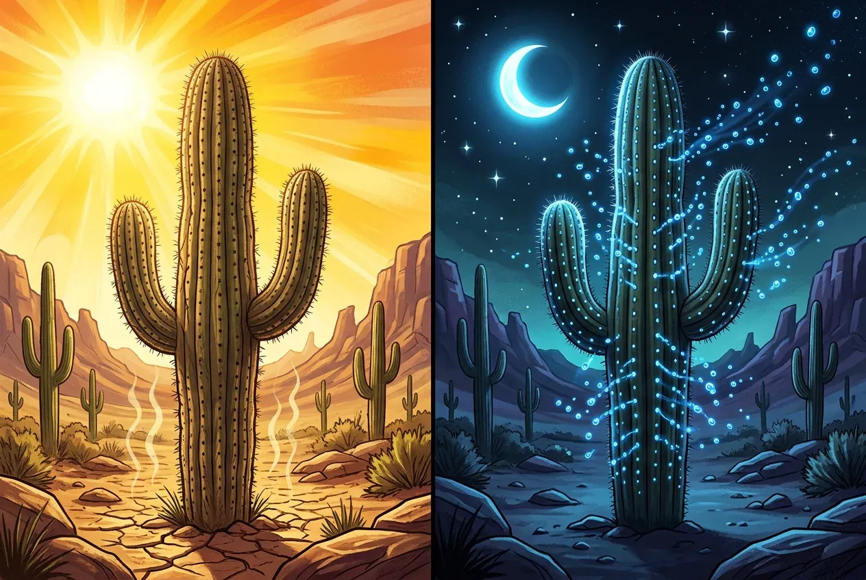 Split day and night illustration of a desert cactus showing stomata closed during the day and open at night
