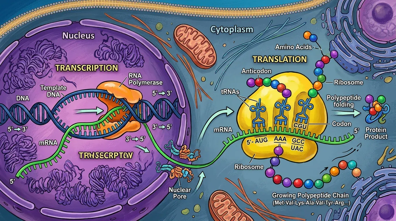 Central dogma diagram showing DNA to mRNA via transcription and mRNA to protein via translation.