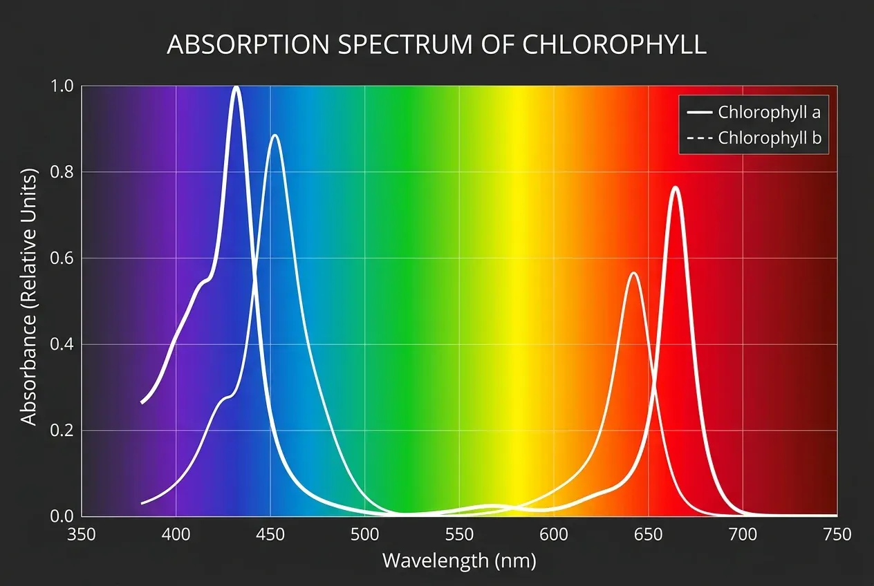 Graph showing that chlorophyll absorbs blue and red light while reflecting green light