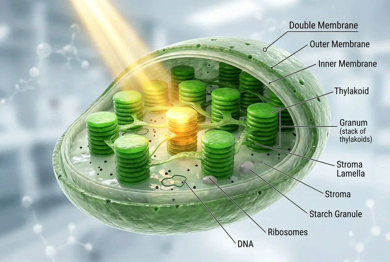 Labelled diagram of chloroplast structure showing grana, thylakoids, and stroma