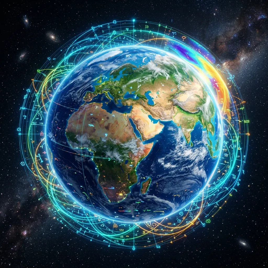 Earth viewed from space surrounded by glowing digital data streams