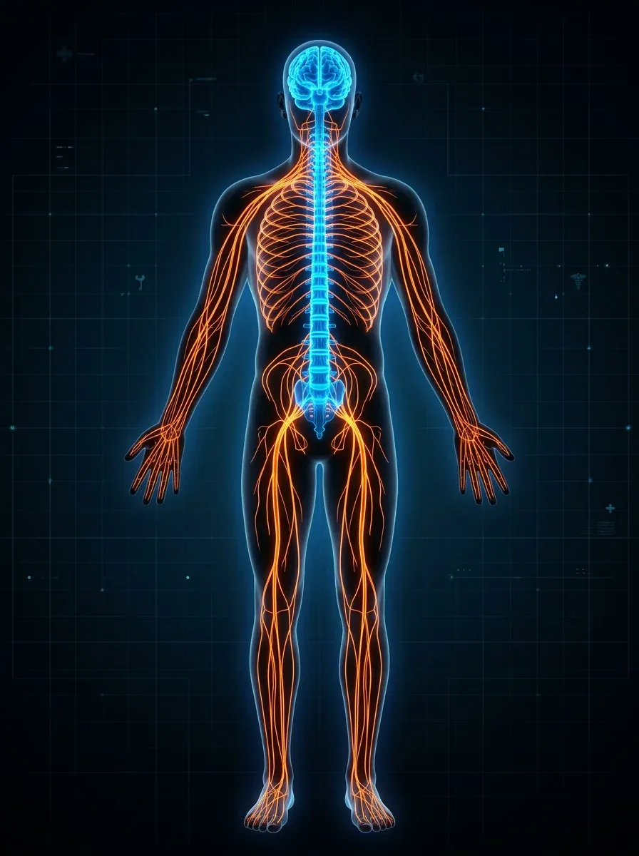 Full body human silhouette showing the central nervous system in blue and peripheral nervous system in orange
