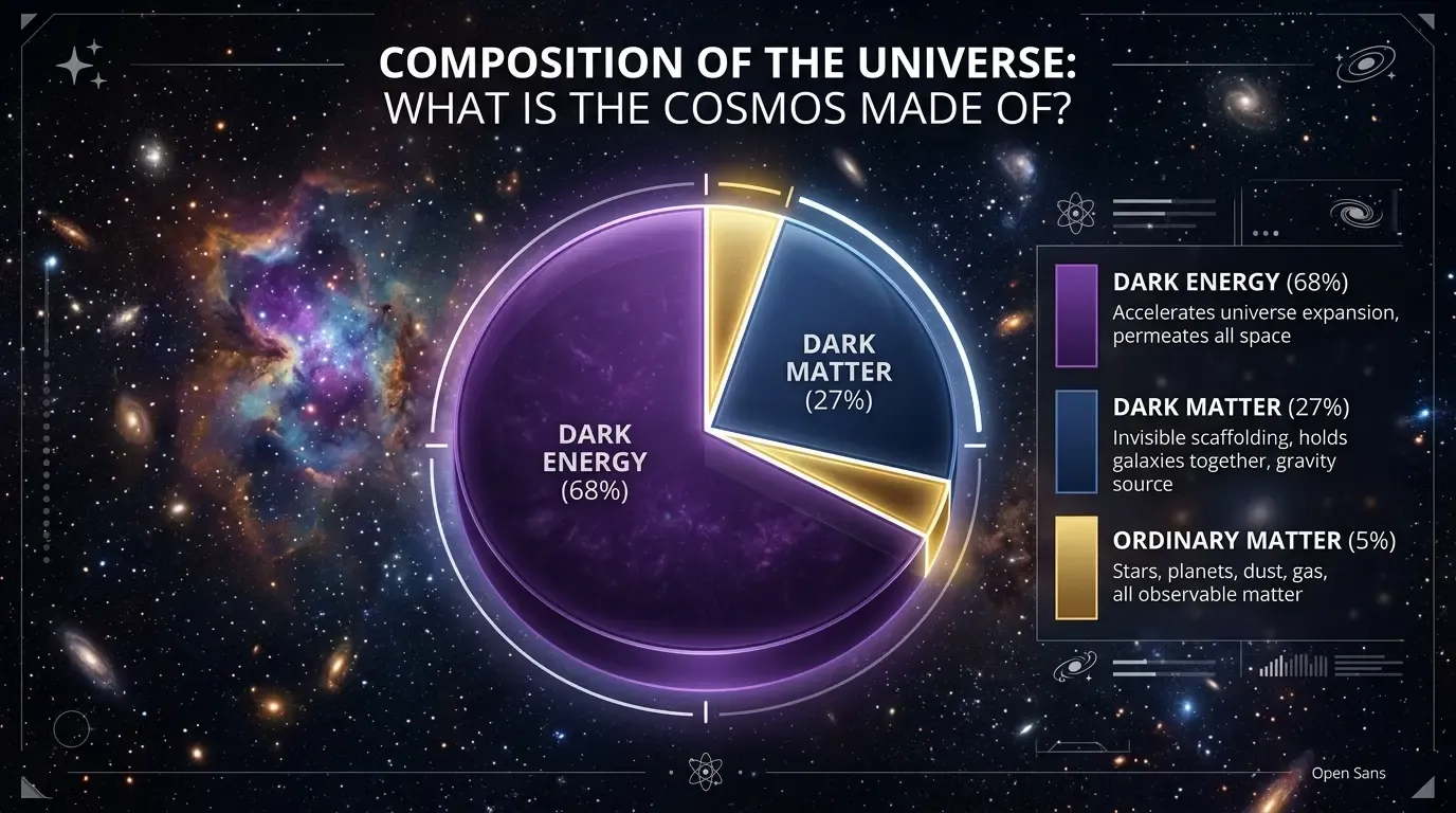 Pie chart showing cosmic composition: 68 percent dark energy, 27 percent dark matter, 5 percent ordinary matter.