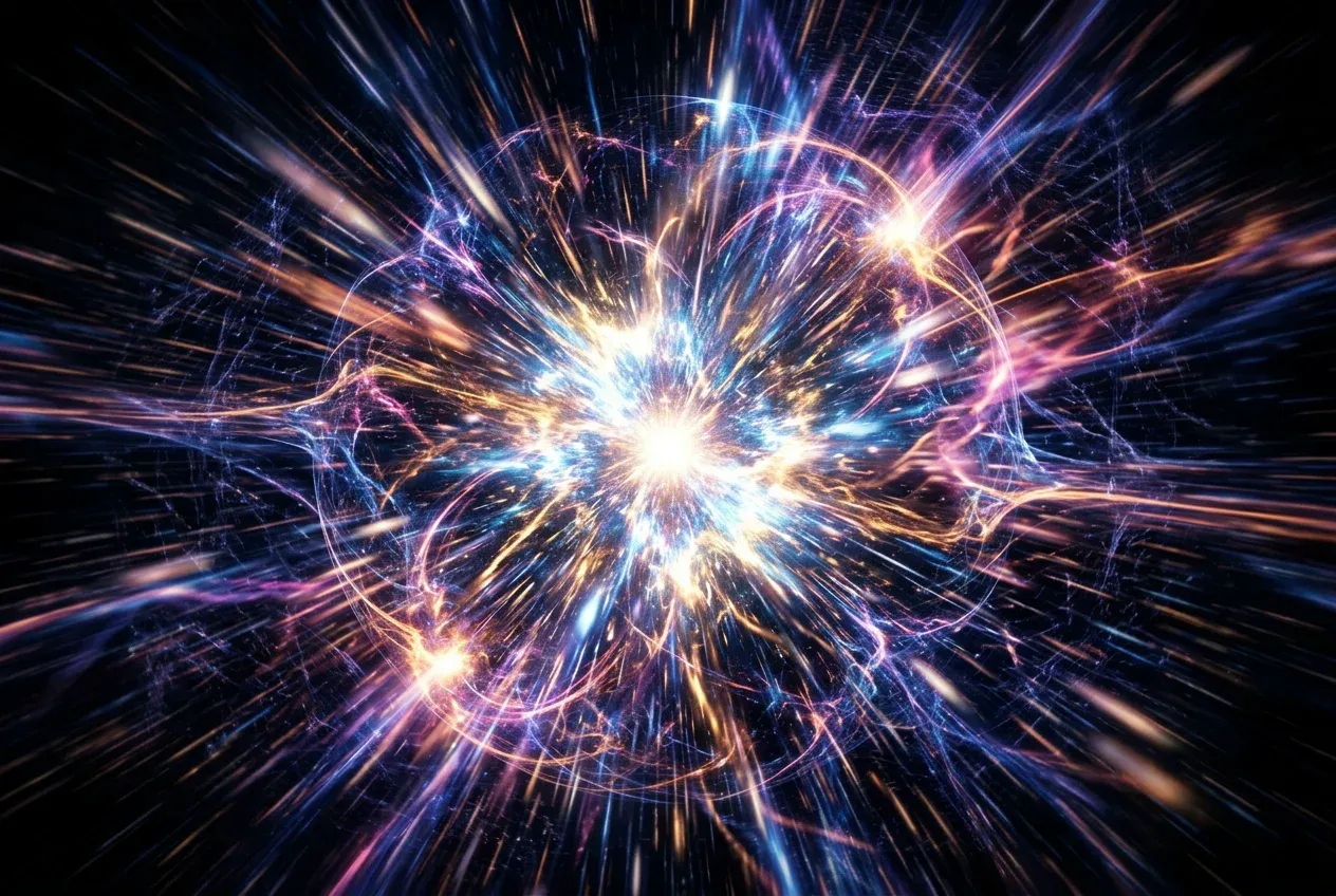 Abstract visualization of space expanding rapidly in a burst of light