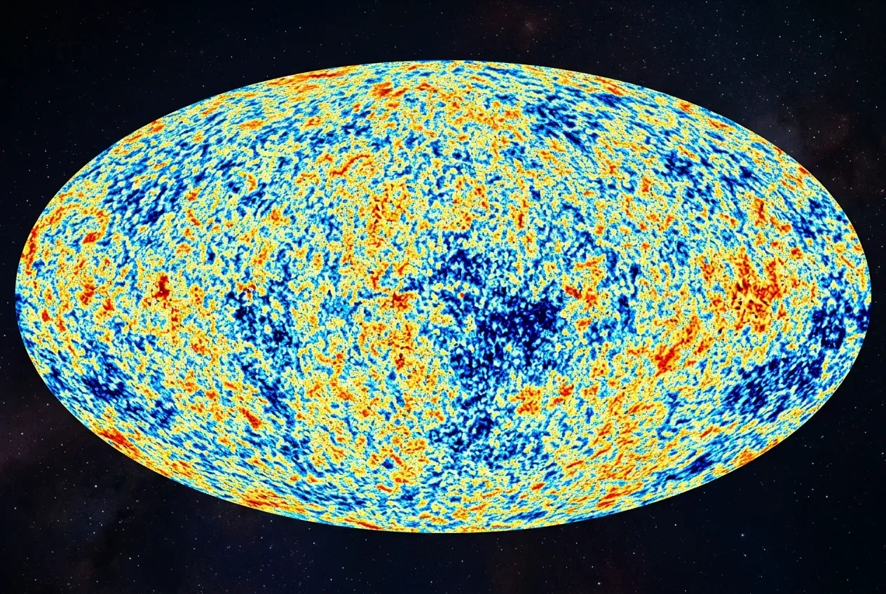 Oval map of the cosmic microwave background showing temperature fluctuations