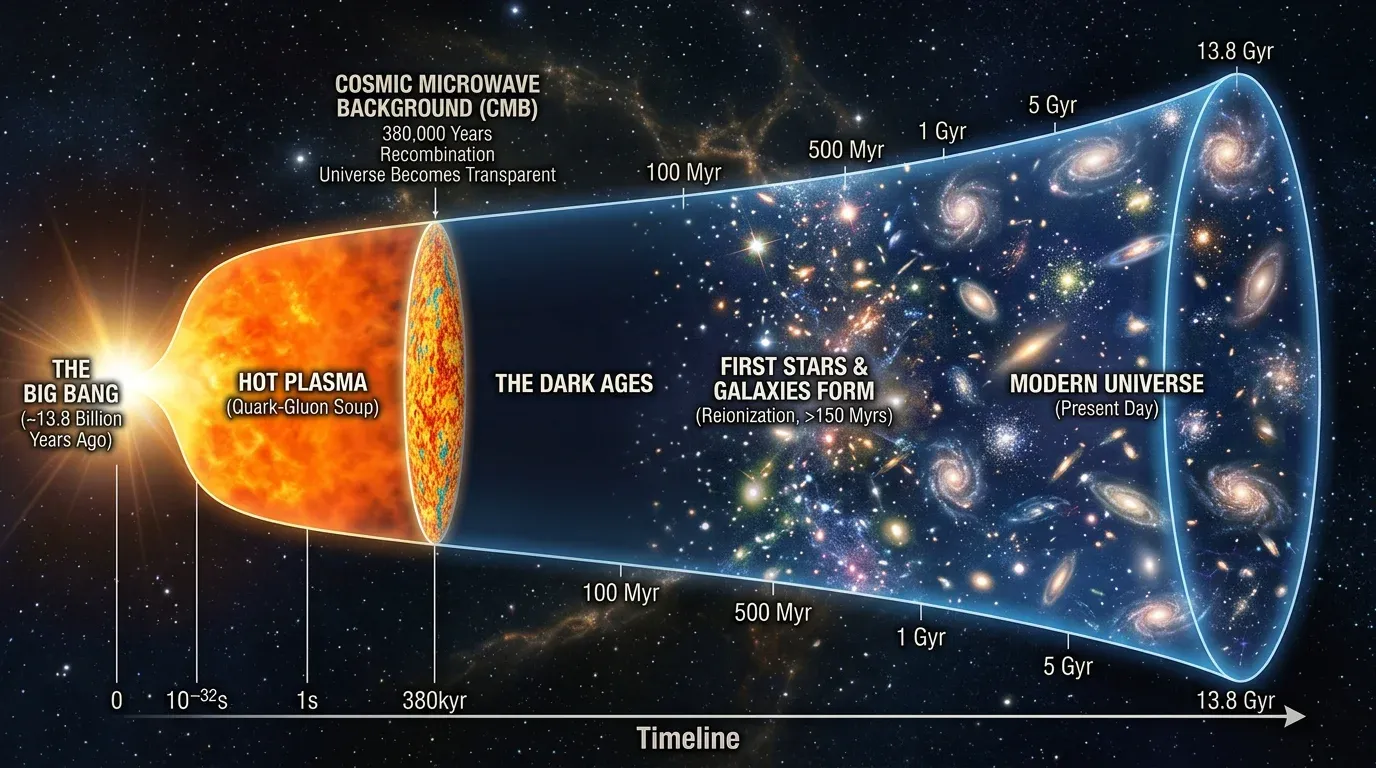 Timeline of the universe from the Big Bang to present showing inflation, nucleosynthesis, recombination, first stars, and galaxy formation