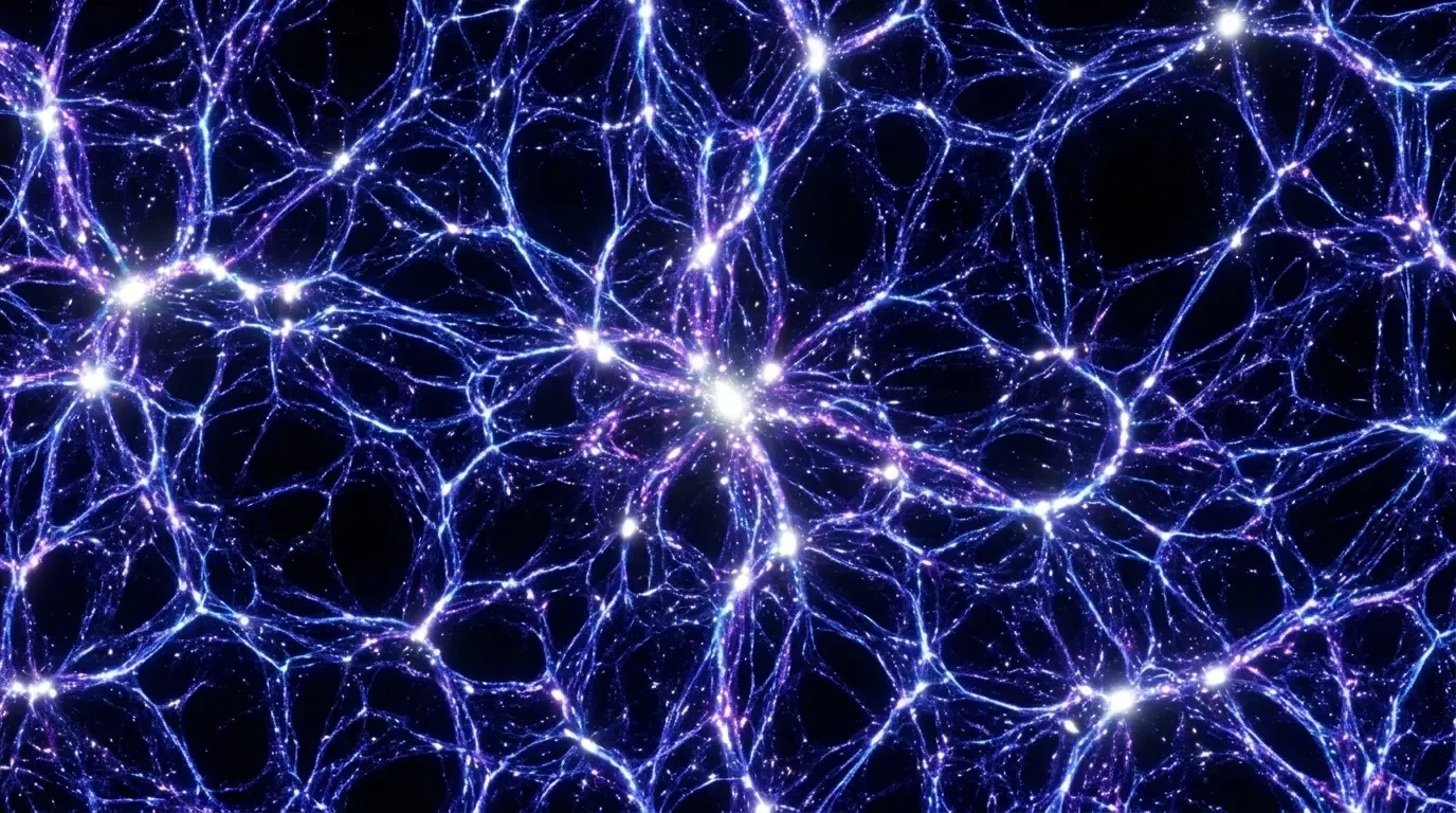 The cosmic web showing glowing filaments of dark matter and galaxy clusters.
