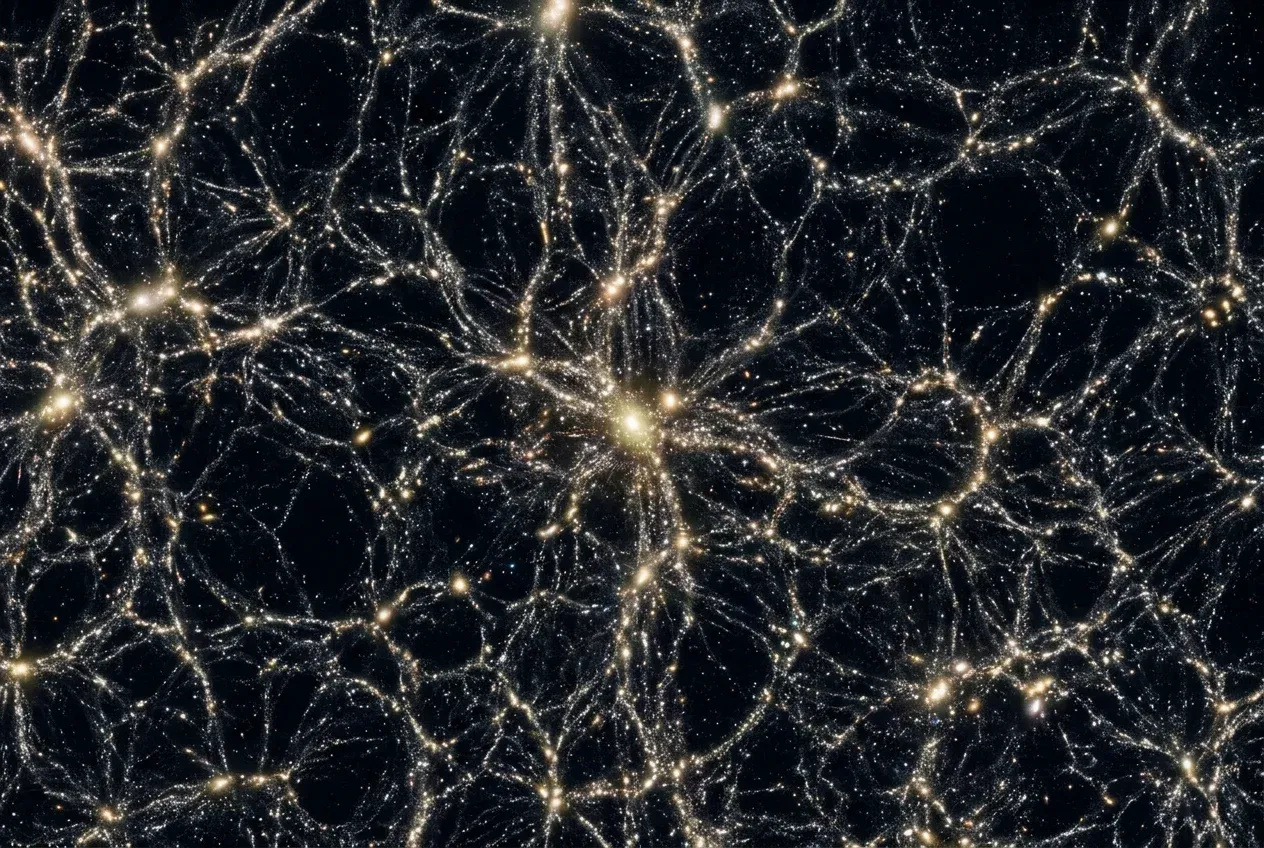 The cosmic web showing vast filaments of glowing galaxies separated by dark voids