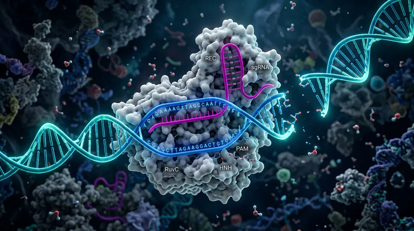 The Cas9 protein using guide RNA to cut a strand of DNA.