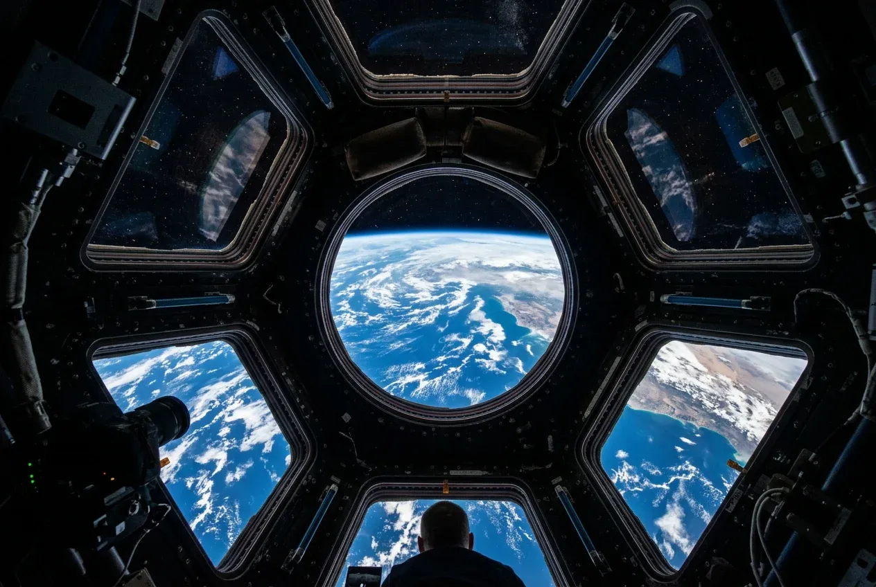 View from inside the multi-windowed Cupola module looking out at the Earth
