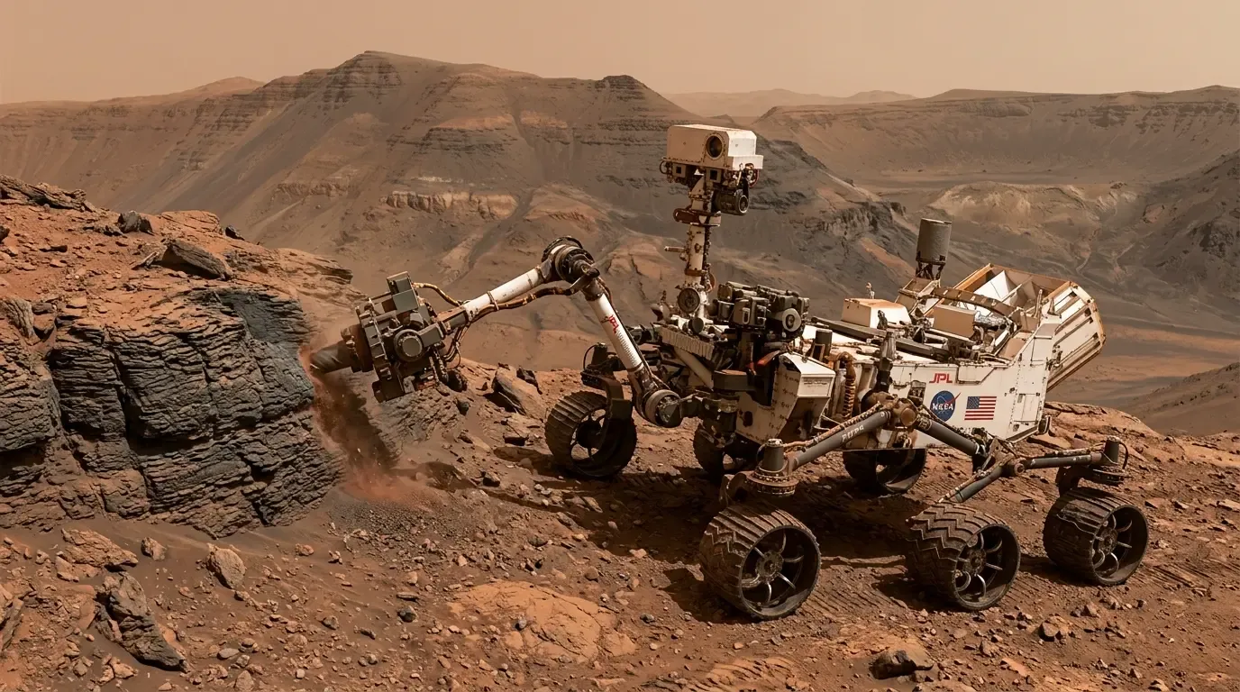 Curiosity rover drilling into a rock formation on Mount Sharp