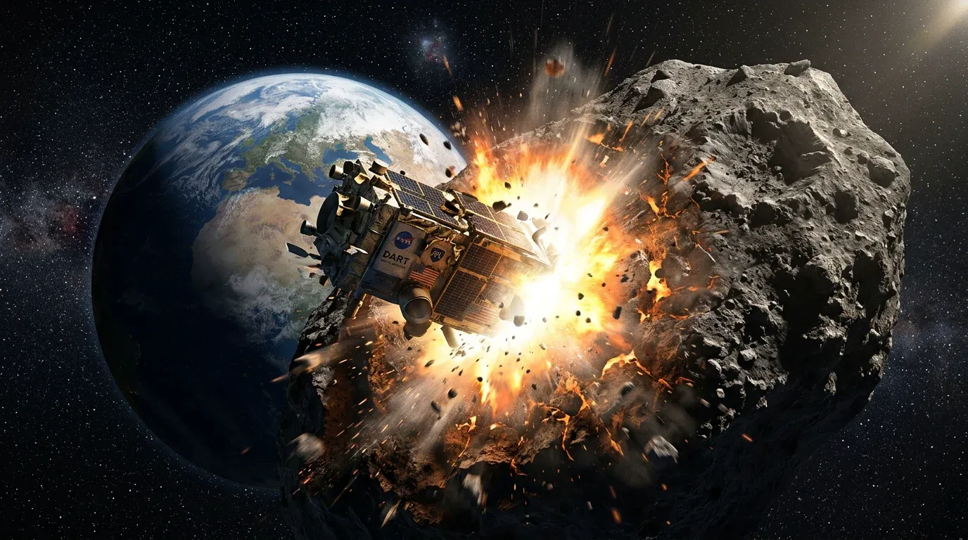 An illustration of a spacecraft deliberately crashing into a rocky asteroid to change its trajectory.