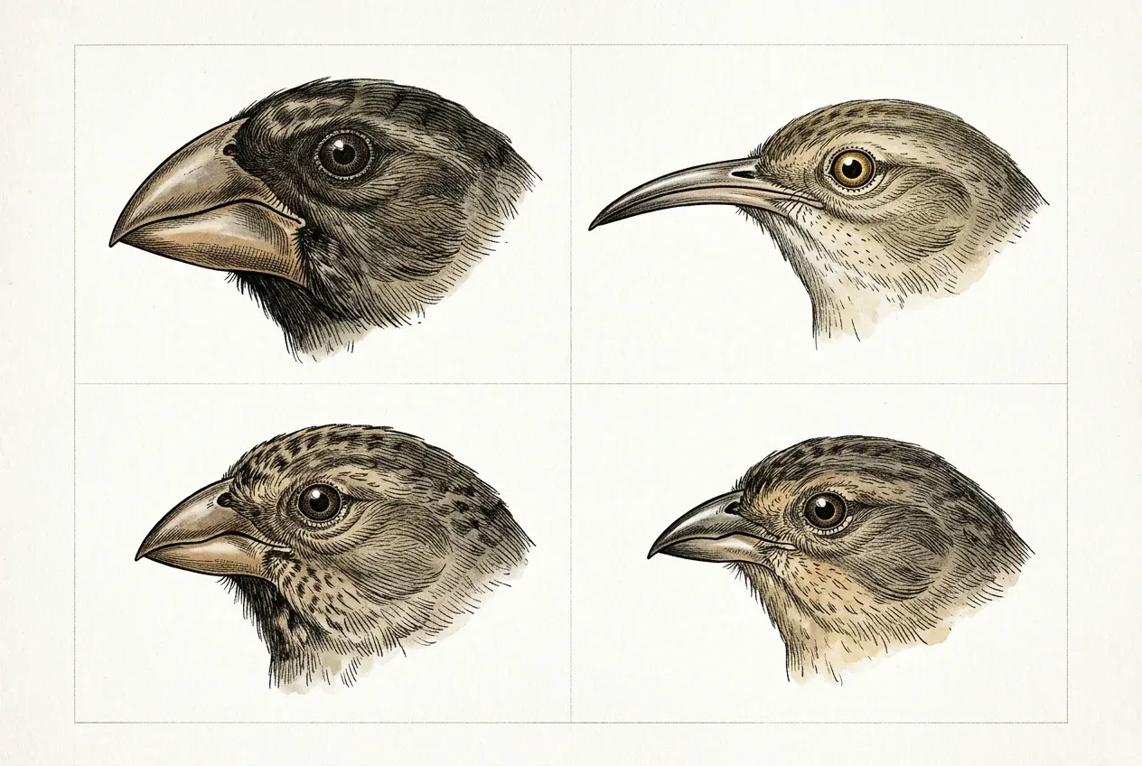Scientific illustration of four Galápagos finch heads with distinctly different beak shapes