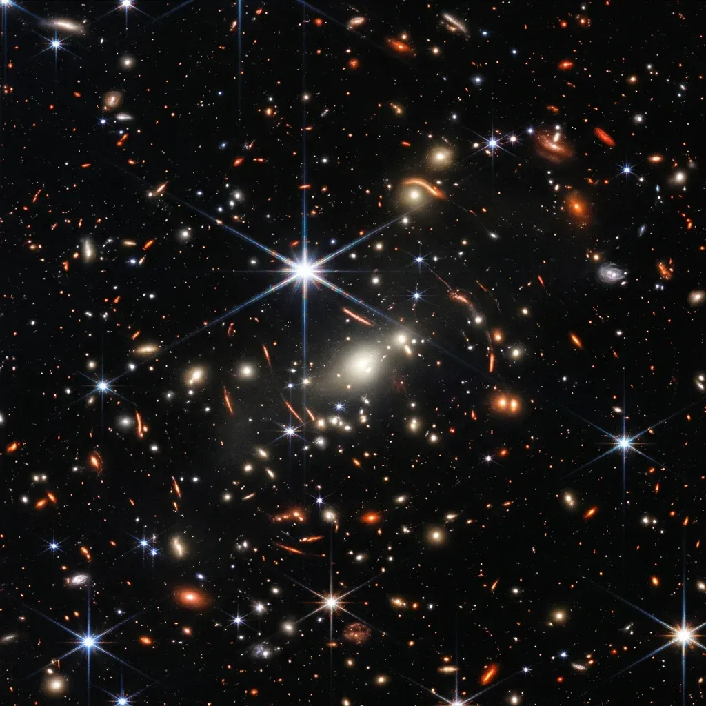 Astronomical deep field image showing thousands of galaxies including distant red-shifted ones
