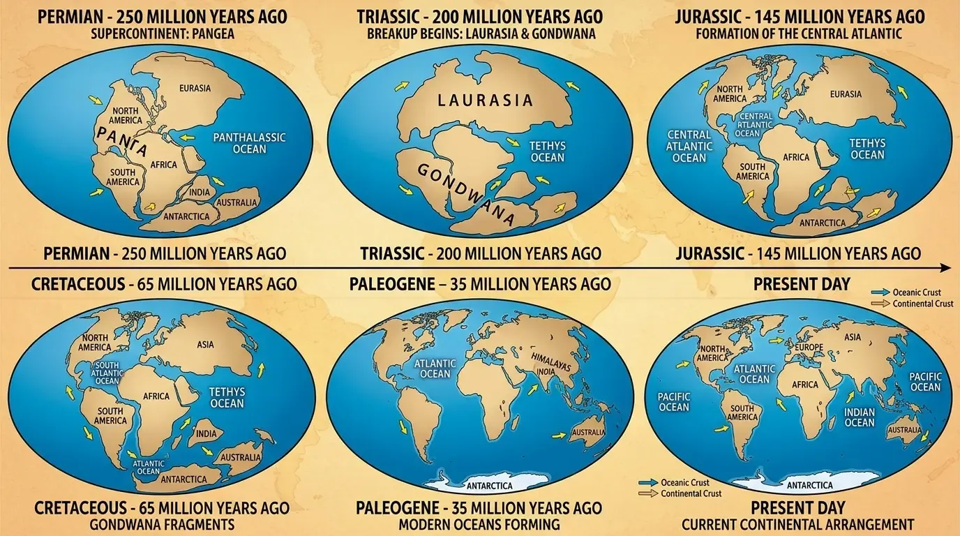 Illustration showing the process of continental drift over millions of years.