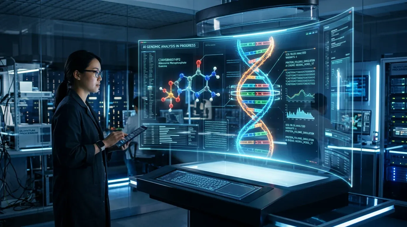 A glowing holographic molecular structure and DNA being analyzed by an advanced AI computer system in a high-tech lab.