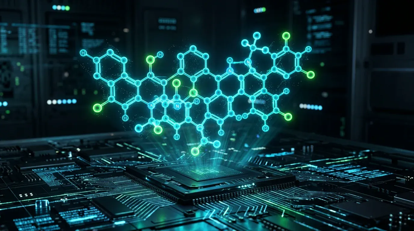 A glowing holographic projection of a chemical molecule emerging from a computer processor