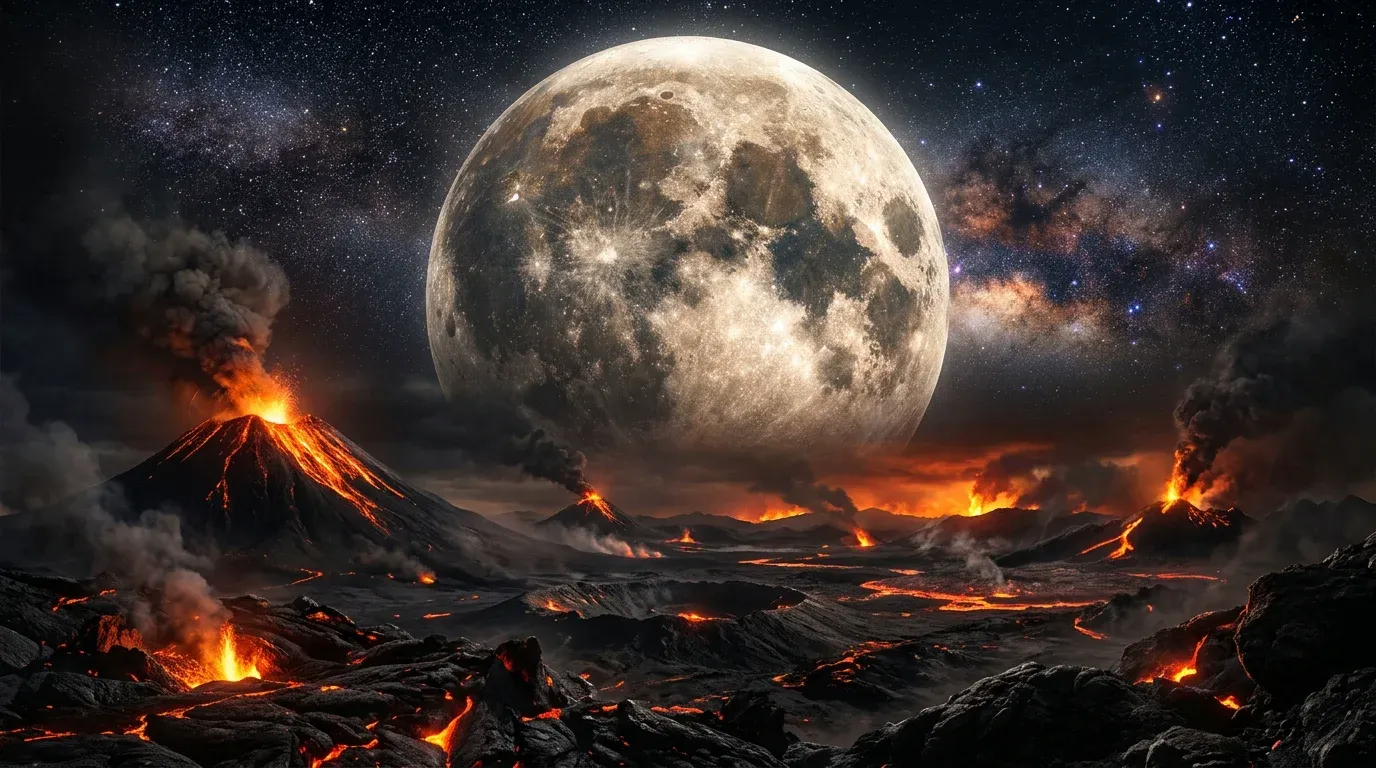 The early Earth with a gigantic moon in the night sky.