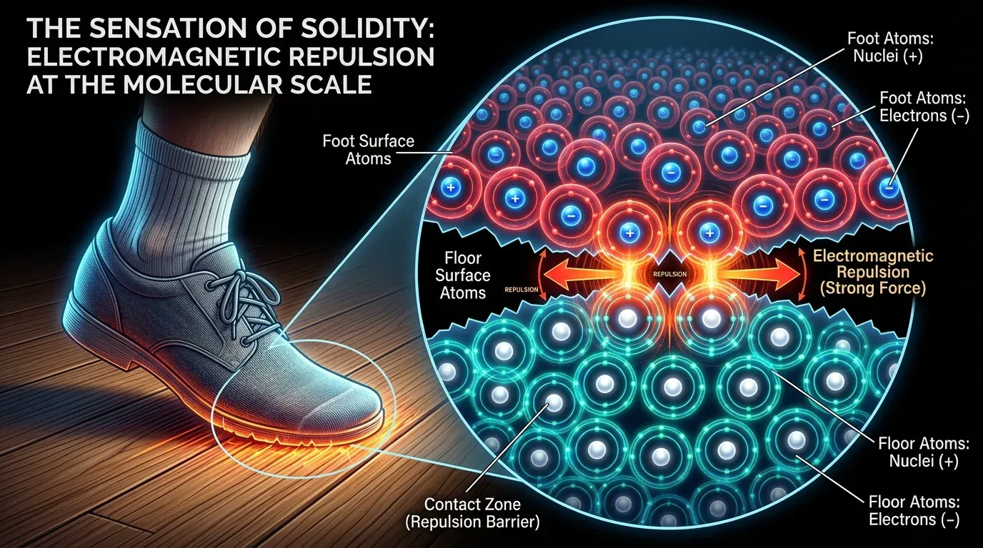A microscopic view of a foot stepping on a floor, showing electrons repelling each other due to electromagnetic force.
