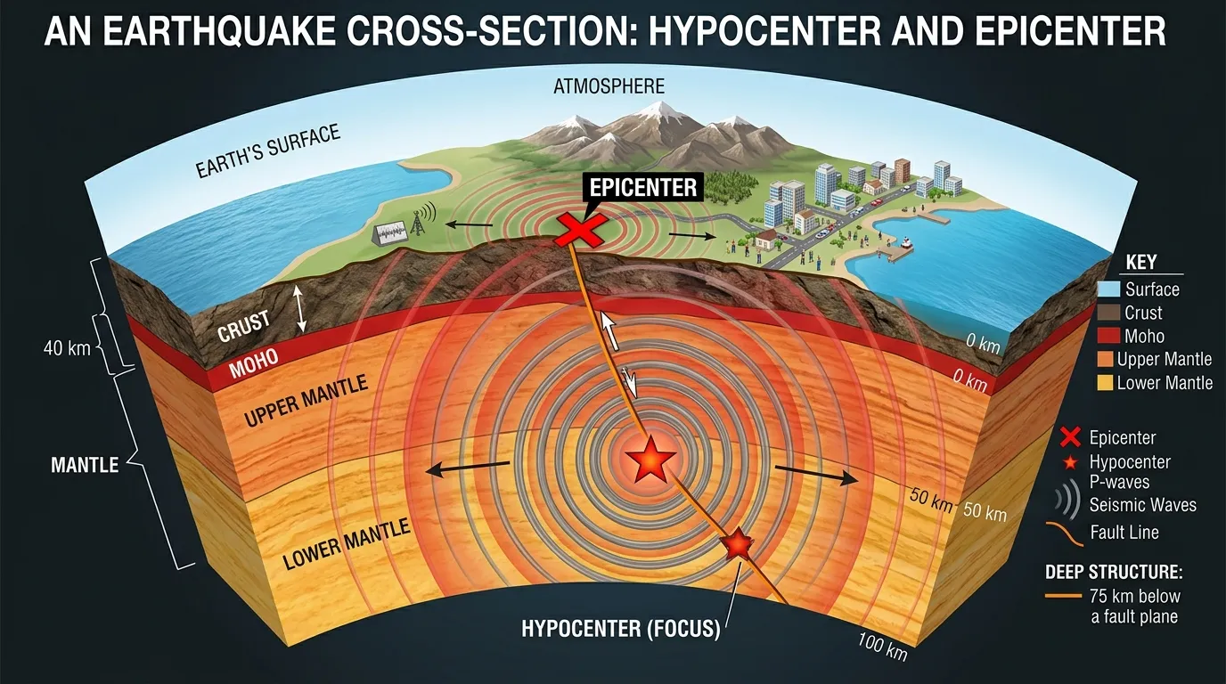 Earthquake epicenter on the surface and hypocenter underground