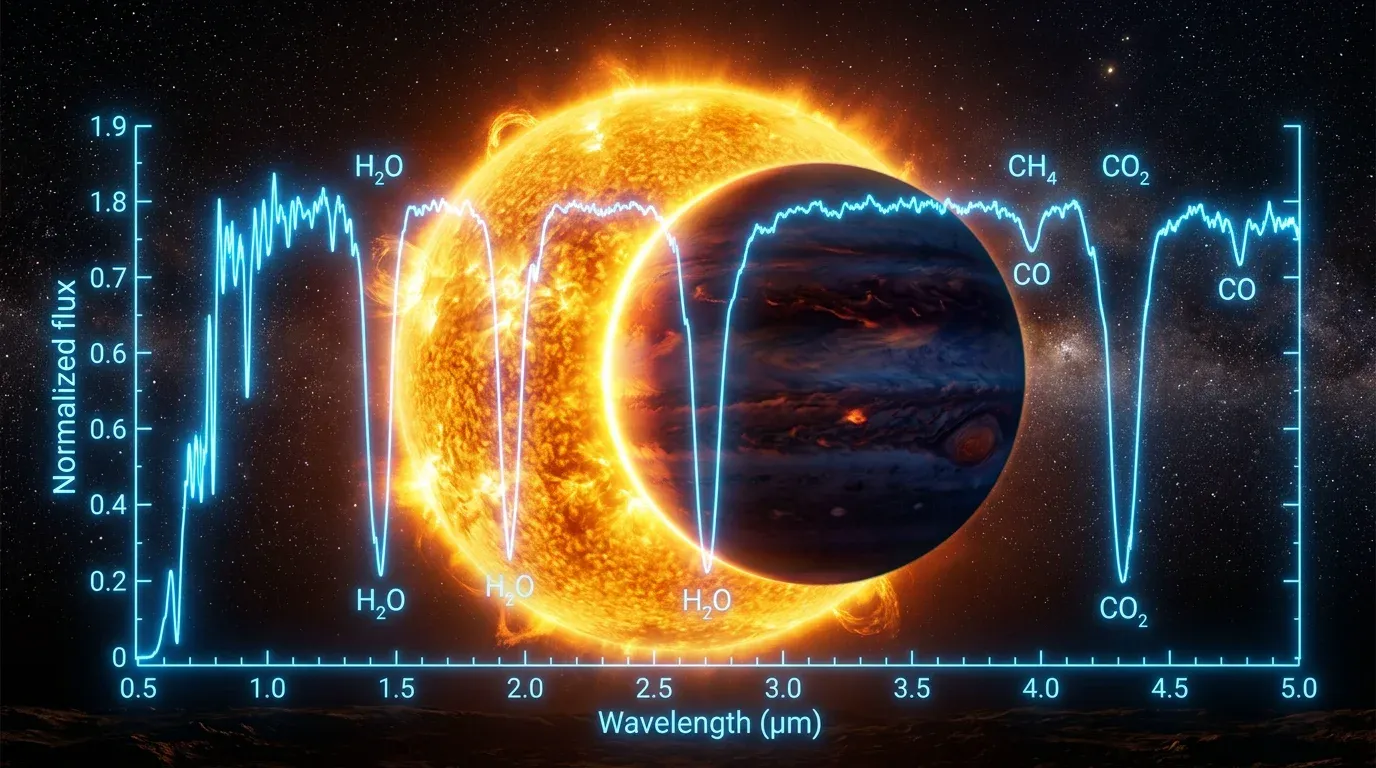 Illustration of an exoplanet transiting a star with a glowing spectrum graph overlaid