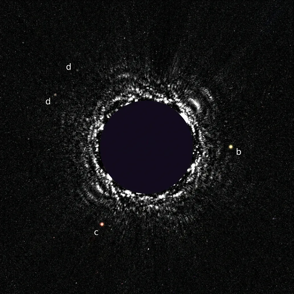 Telescope image using a coronagraph to block a star's light and reveal orbiting exoplanets.
