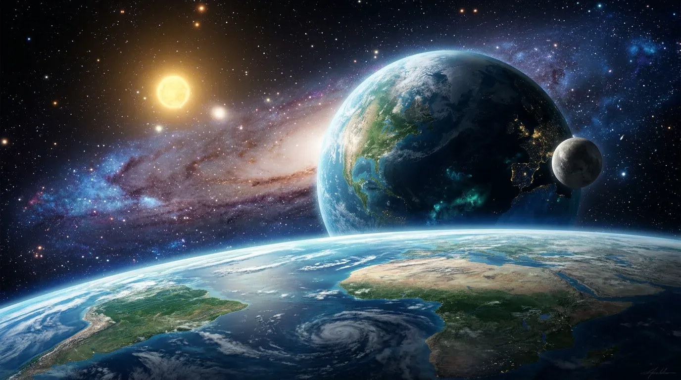 An artist's conception of a habitable exoplanet orbiting a distant star.