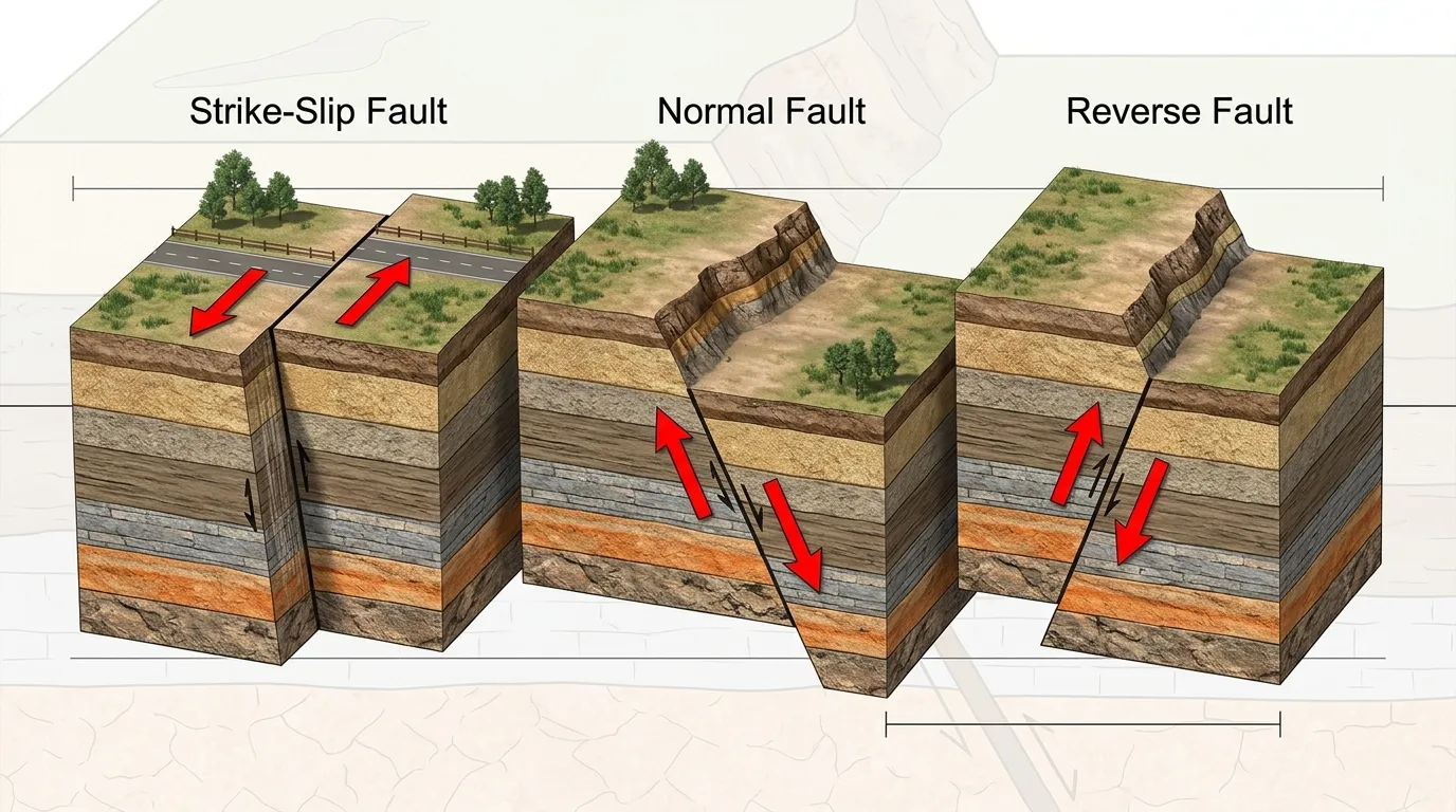 Three types of faults: Strike-Slip, Normal, and Reverse