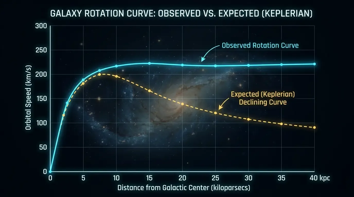 Galaxy rotation curve showing flat observed speed vs. declining Keplerian predicted speed.