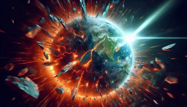 illustration of gamma ray burst destroying the earth into pieces.