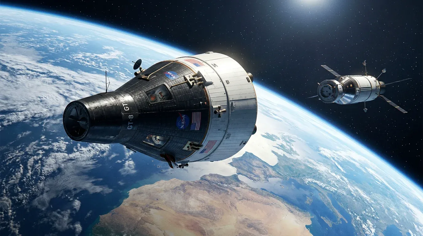 A NASA Gemini spacecraft in orbit around Earth.