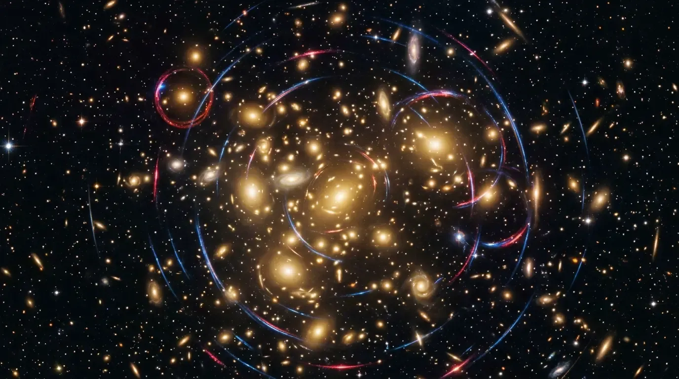 Gravitational lensing warping the light of background galaxies into arcs.