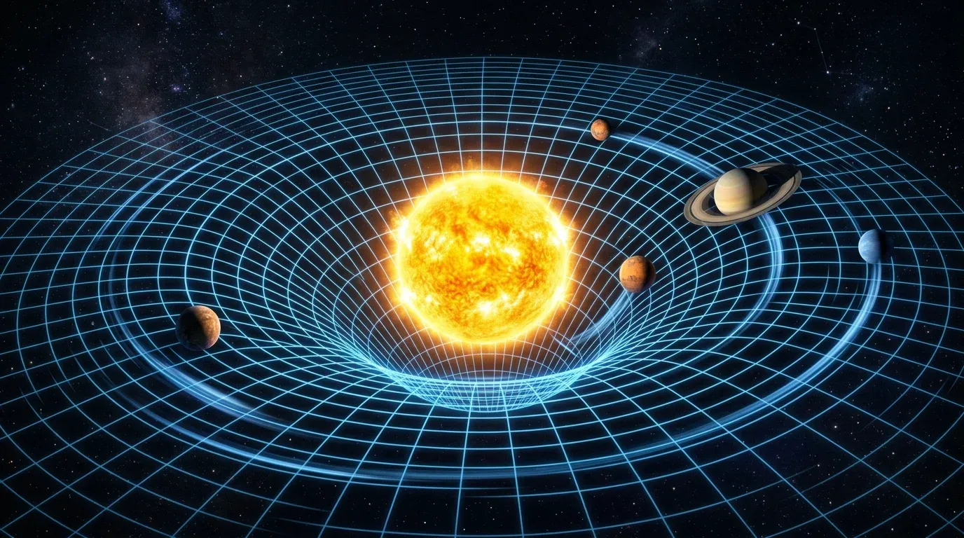 A 3D grid representing spacetime being warped by a massive star, illustrating Einstein's theory of gravity.