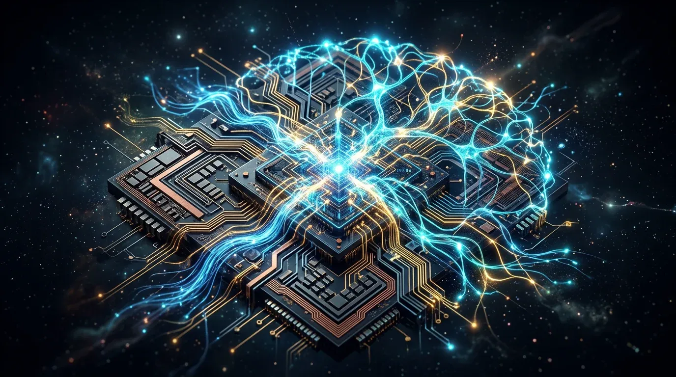 Abstract visualization of a glowing, complex neural network representing Artificial General Intelligence