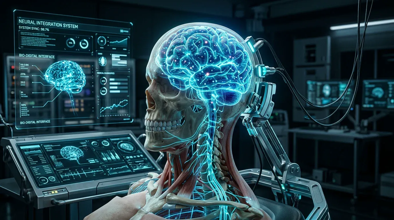 A glowing, futuristic rendering of an AI brain integrated with a human medical anatomy