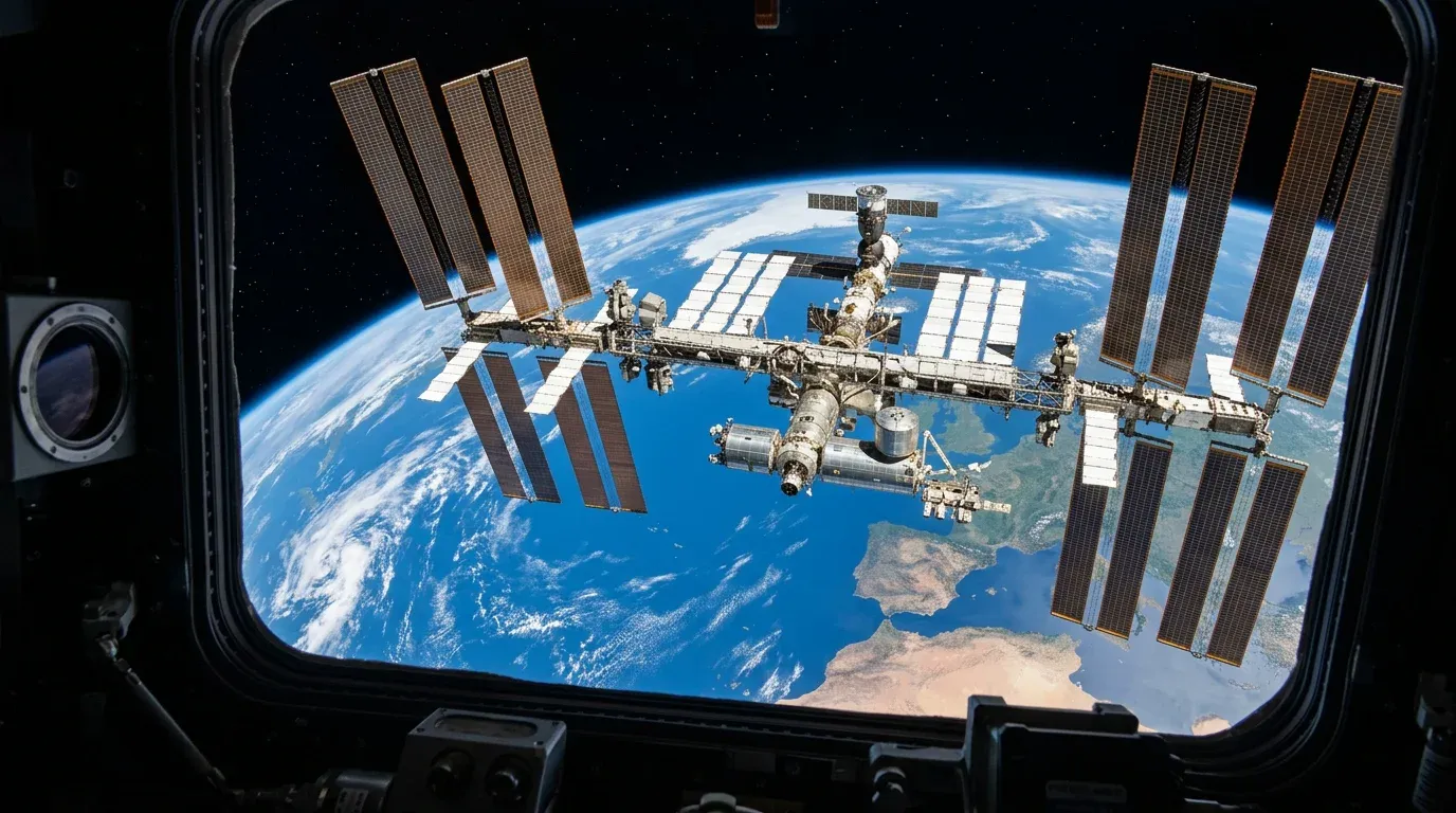 The International Space Station photographed against the curve of the Earth from a visiting spacecraft
